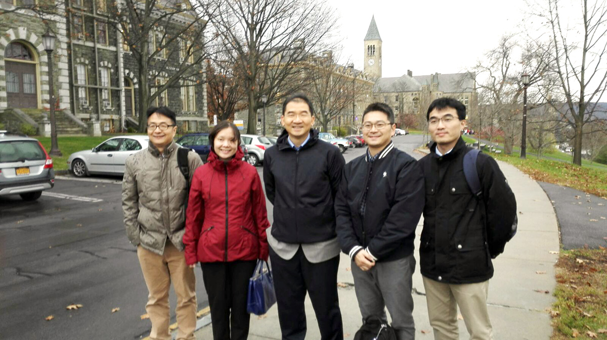 (From left) Dr Jianbo Yue, Dr Minh Le, Prof. Michael Yang, Dr Terrence Lau and Dr Zongli Zheng on the campus of Cornell University.
