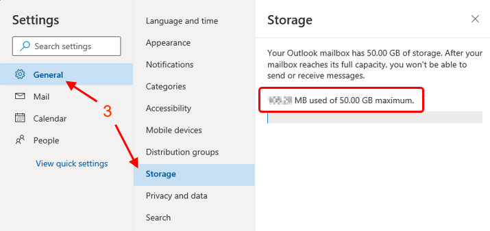 check outlook storage size