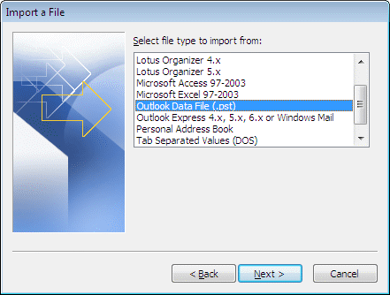 select "Outlook Data File (.pst)"