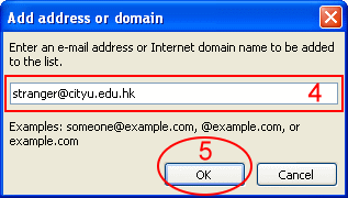 Enter an e-mail address or Internet domain name to be added to the list