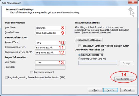 Enter Internet E-mail Settings