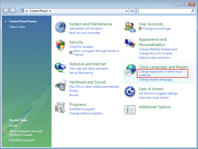 Click "Start" --> "Control Panel" --> "Change keyboards or other input methods" of "Clock, Language and Region" 