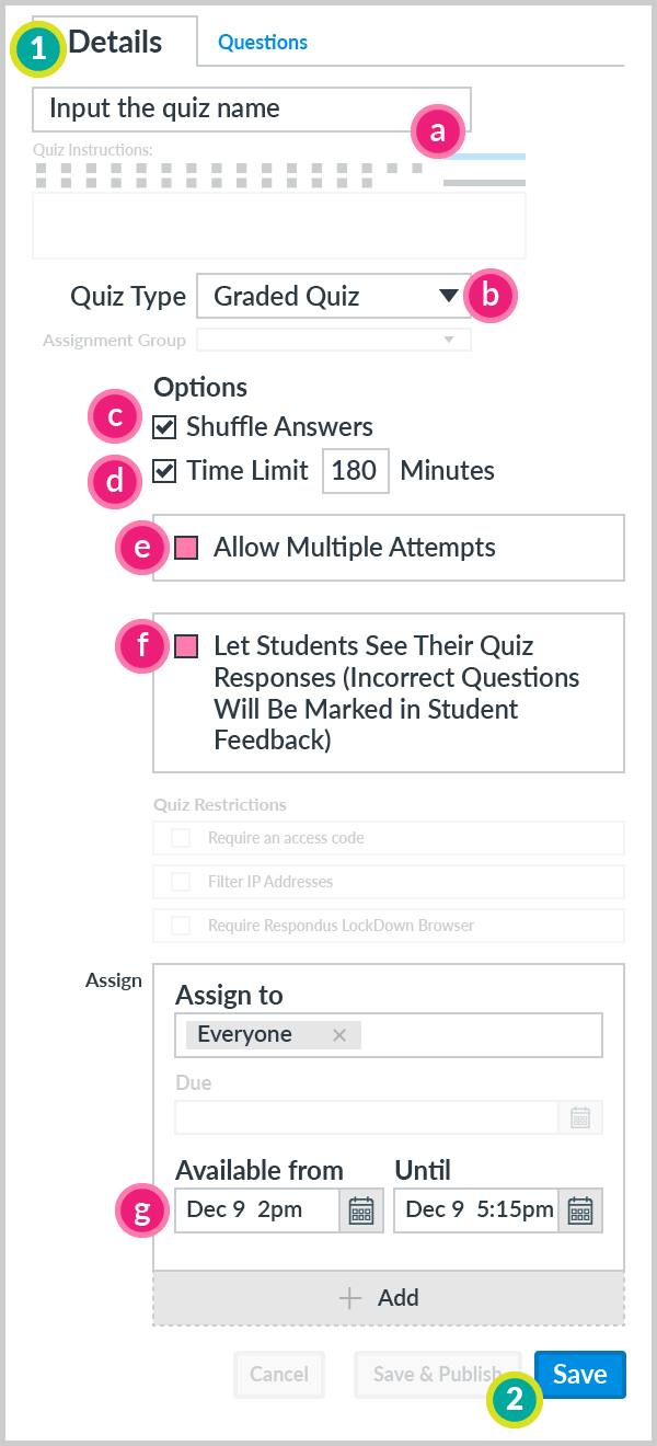 Quiz details settings for a timed quiz