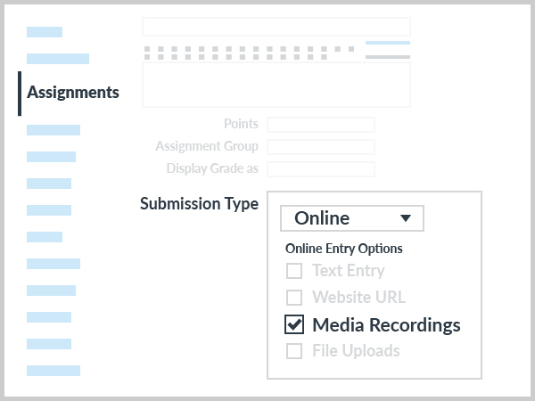 add Assignment > Submission Type: Online, Online Entry Options: Media Recordings