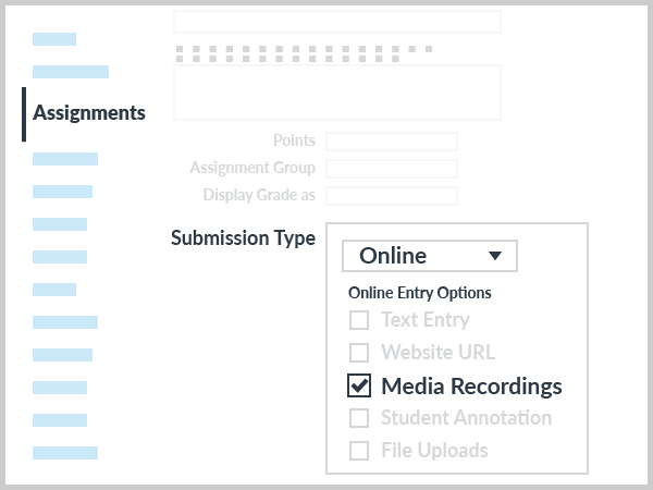 add Assignment > Submission Type: Online, Online Entry Options: Media Recordings