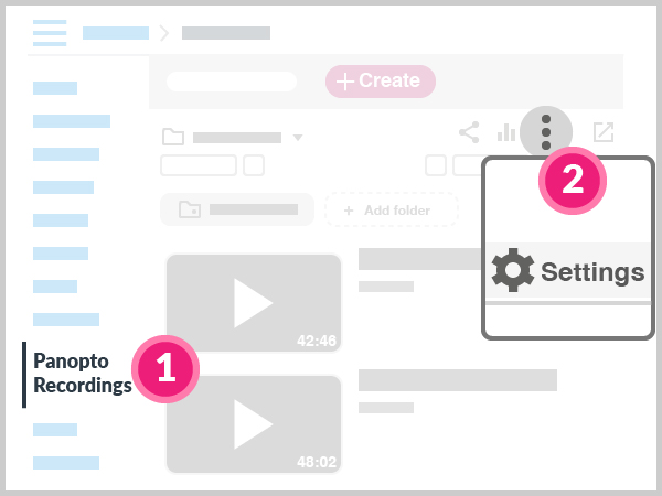 1. click 'Panopto Recordings' | 2. click 'Settings' icon