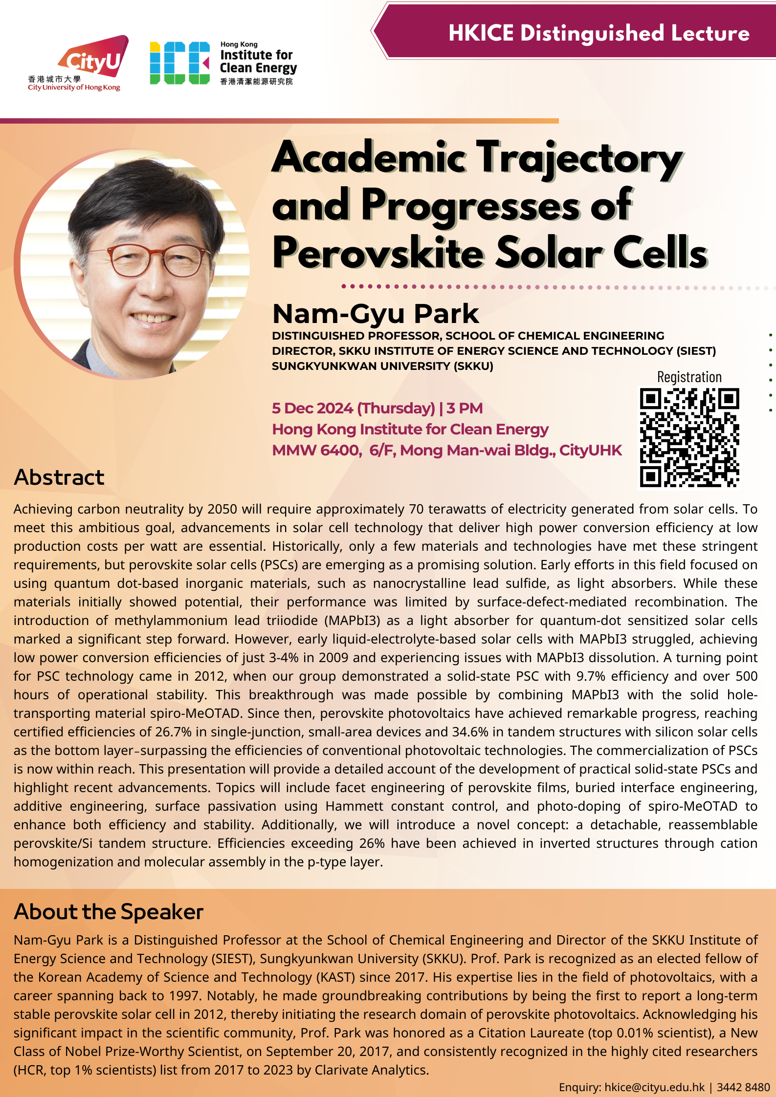 HKICE Distinguished Lecture by Prof. Nam-Gyu Park on 5 Dec, 3 pm 