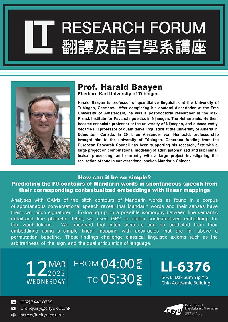 LT Forum: How can it be so simple? Predicting the F0-contours of Mandarin words in spontaneous speech from their corresponding contextualized embeddings with linear mappings (Prof. Harald Baayen)